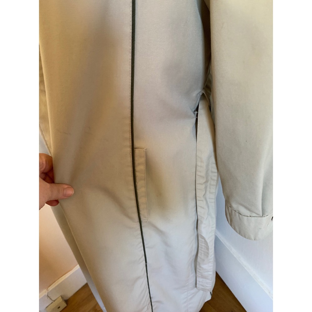 Vintage 80s Beige Trench Coat Green Accents & Hood Size 14 Duster Length Belt - Picture 3 of 12